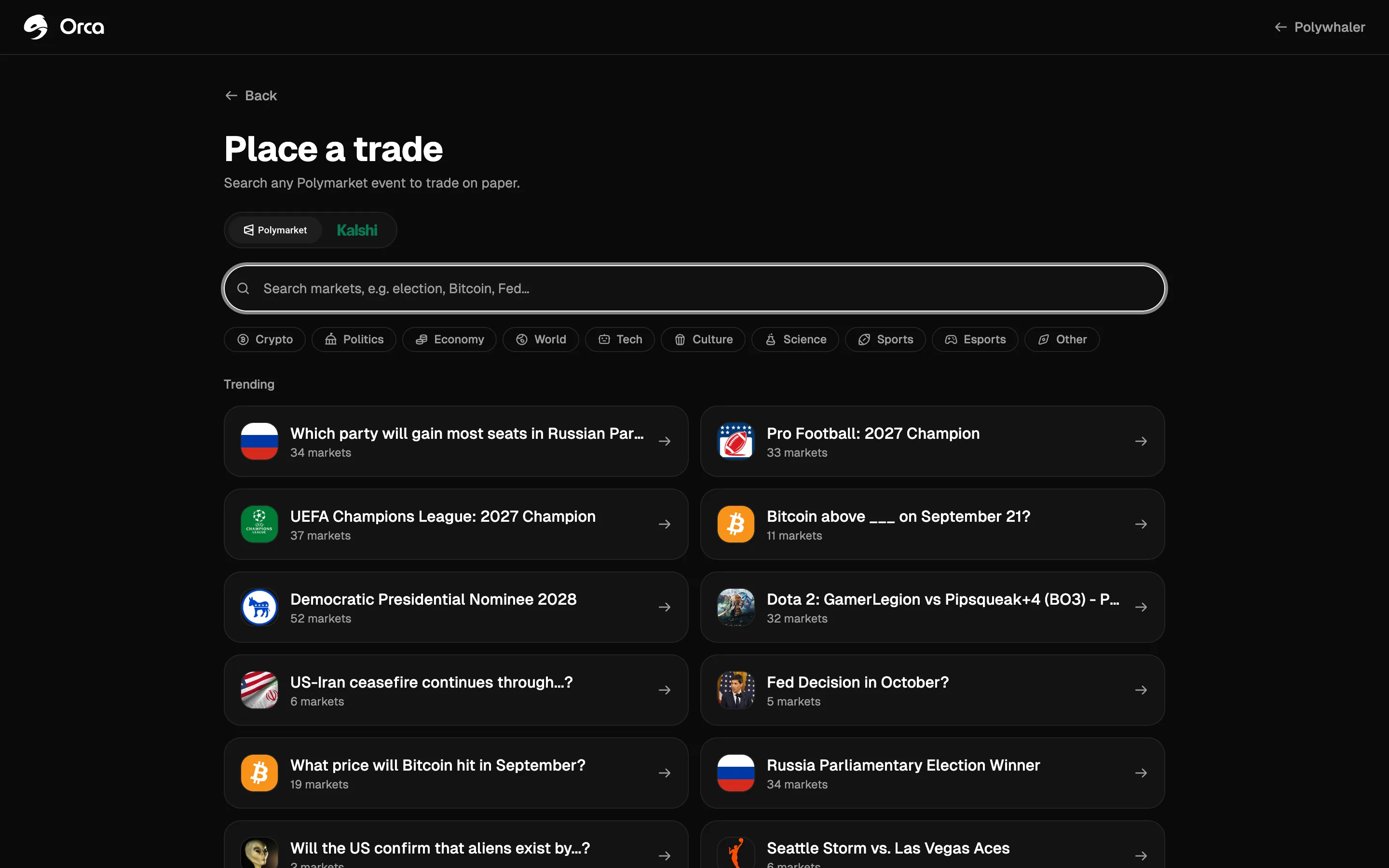 Orca in a browser: searching Polymarket and Kalshi markets to place a trade