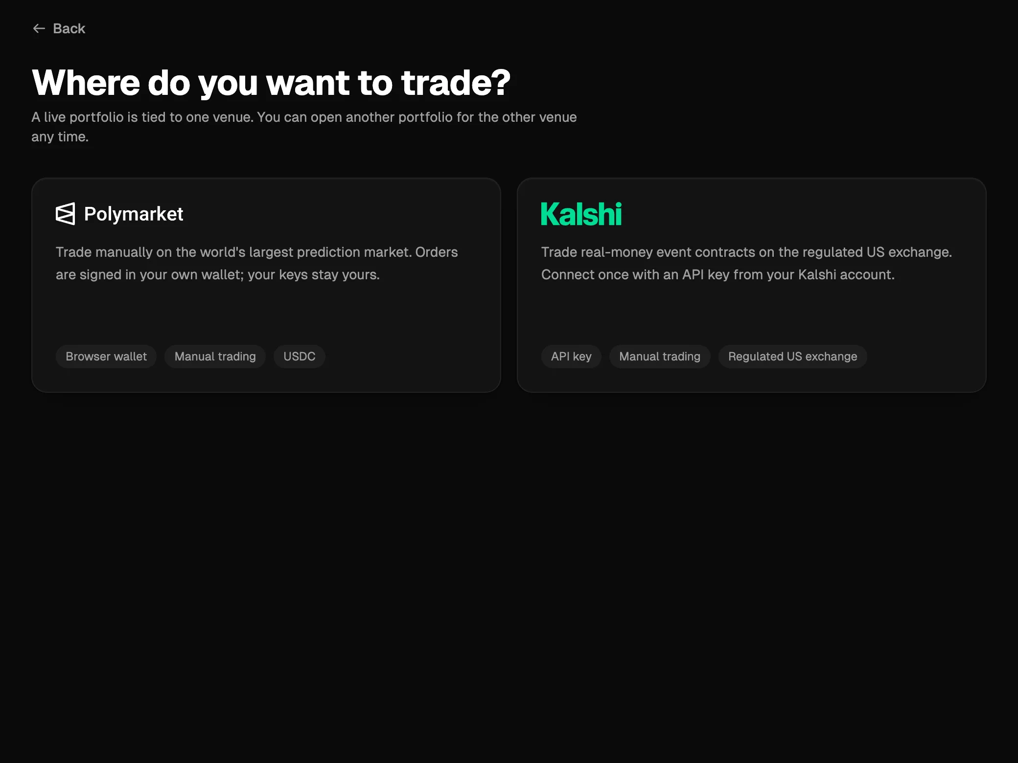 Opening a live portfolio on Orca: choosing Polymarket or Kalshi