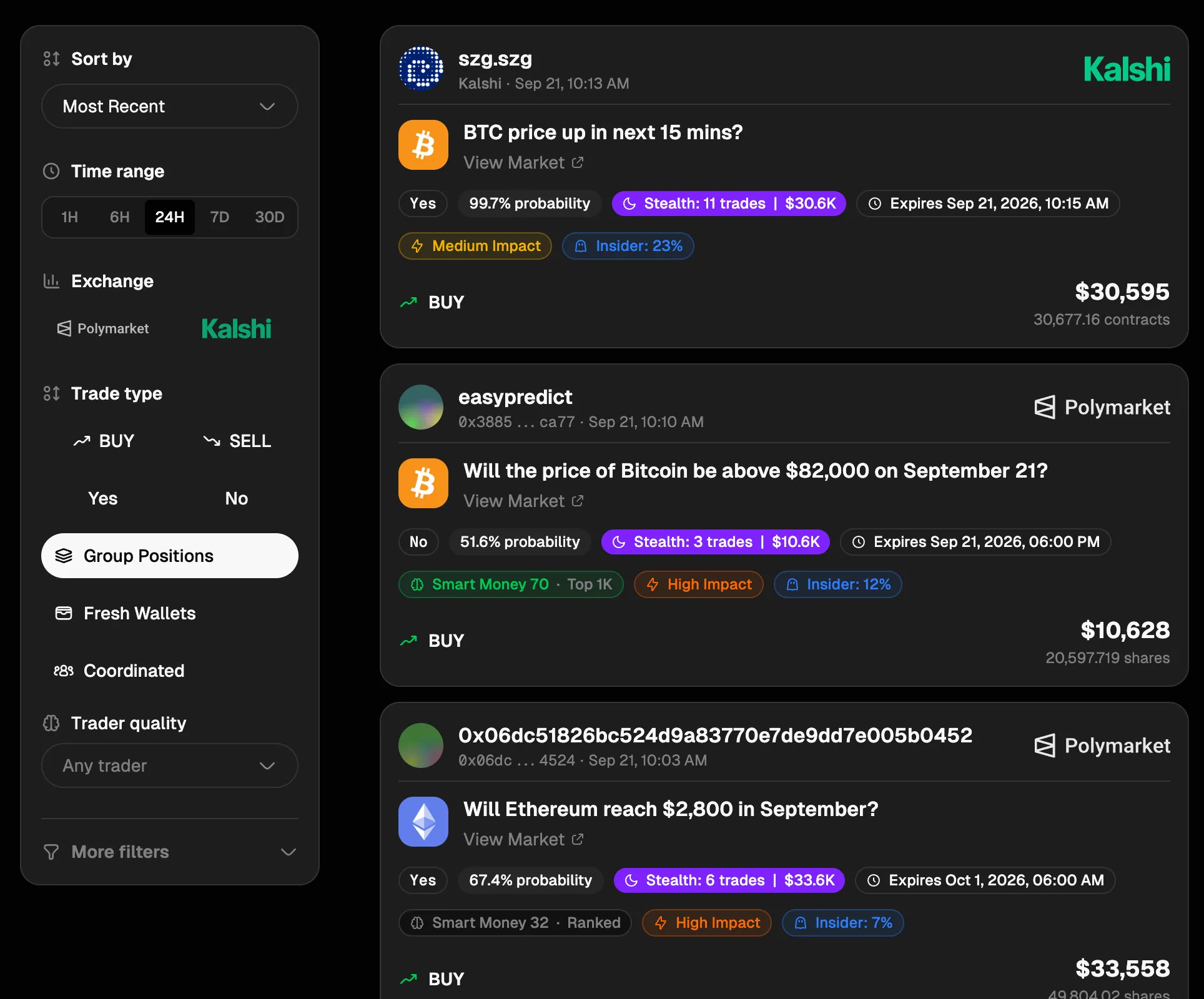 The Polywhaler whale feed: filters on the left, whale trades with insider and Smart Money badges