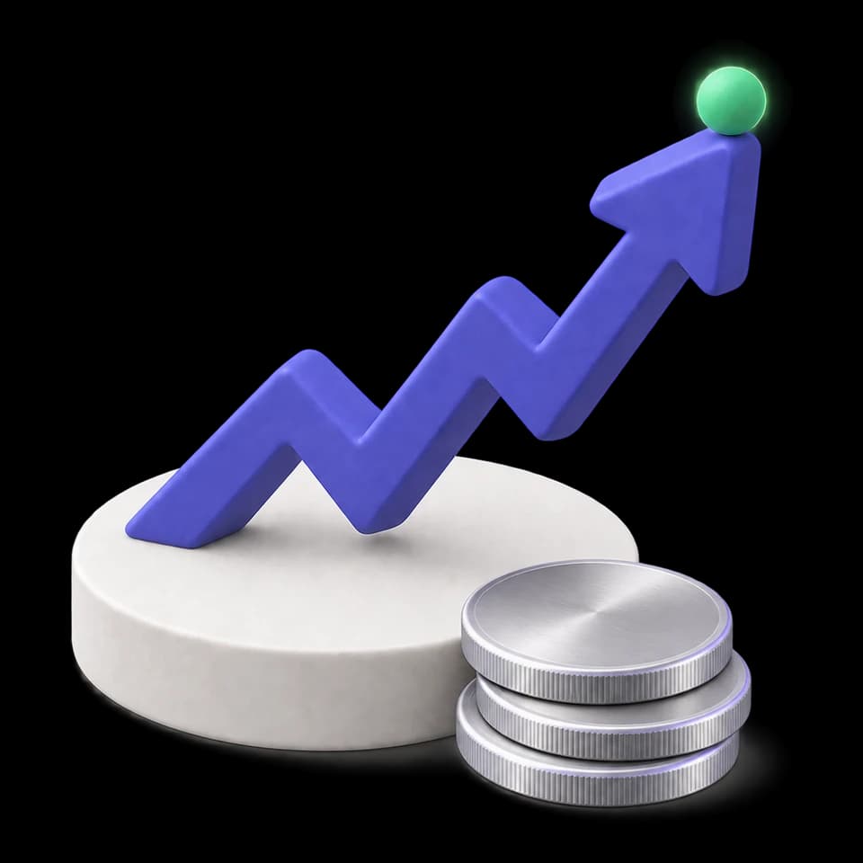 A solid rising chart beside a stack of coins: a live portfolio