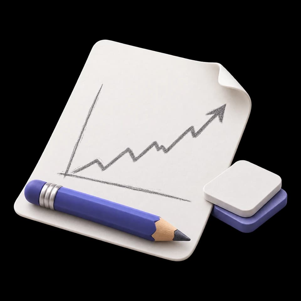 A rising chart sketched in pencil: a paper portfolio
